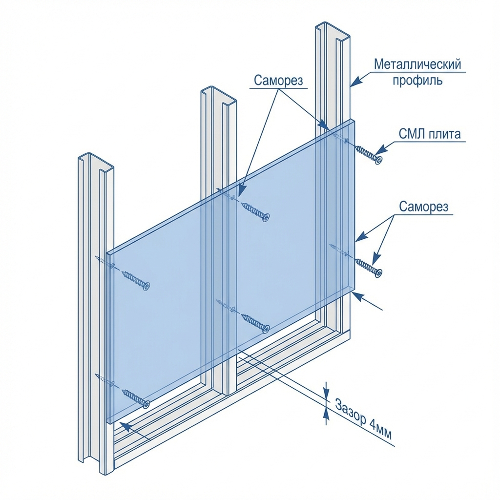 Схема монтажа СМЛ плит на металлический каркас